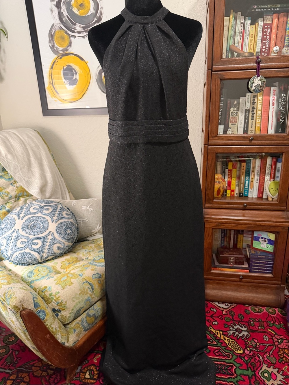Elle Zeitoune Jana Black Shimmer Halter Maxi Gown Dress M